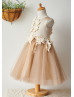 Tan Satin Tulle Knee Length Floral Flower Girl Dress